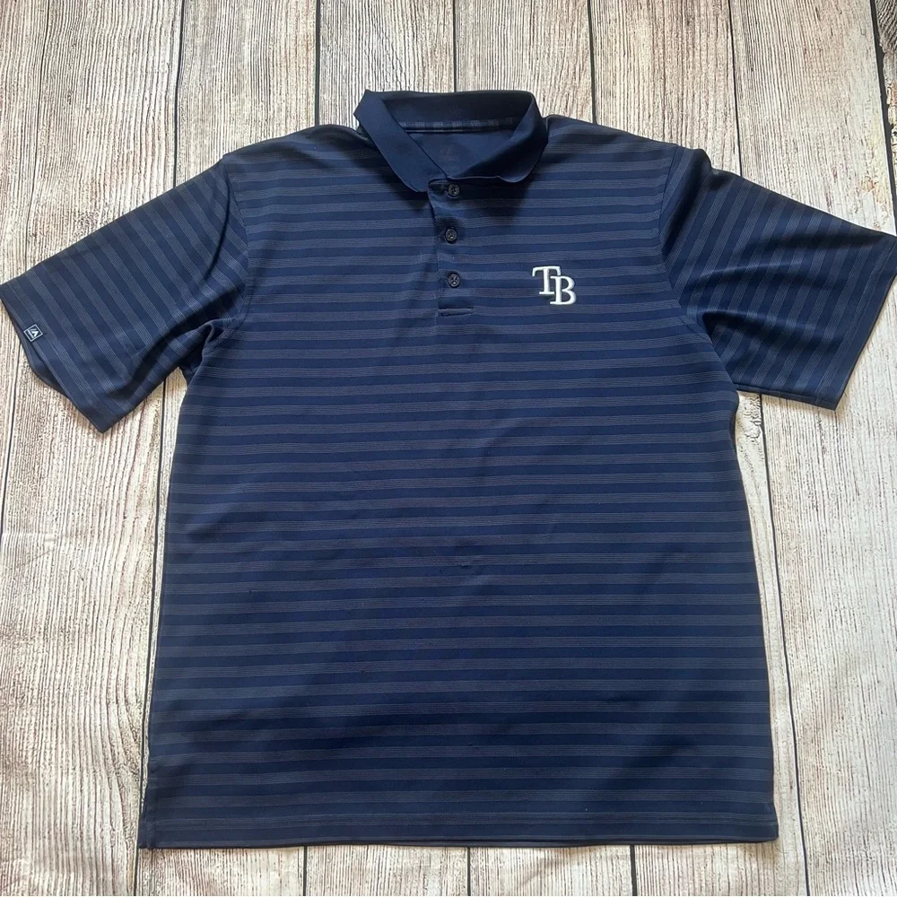 Tampa Bay Rays Majestic Mens Polo Golf Shirt Blue Striped Size XL MLB Sportswear - Picture 1 of 10